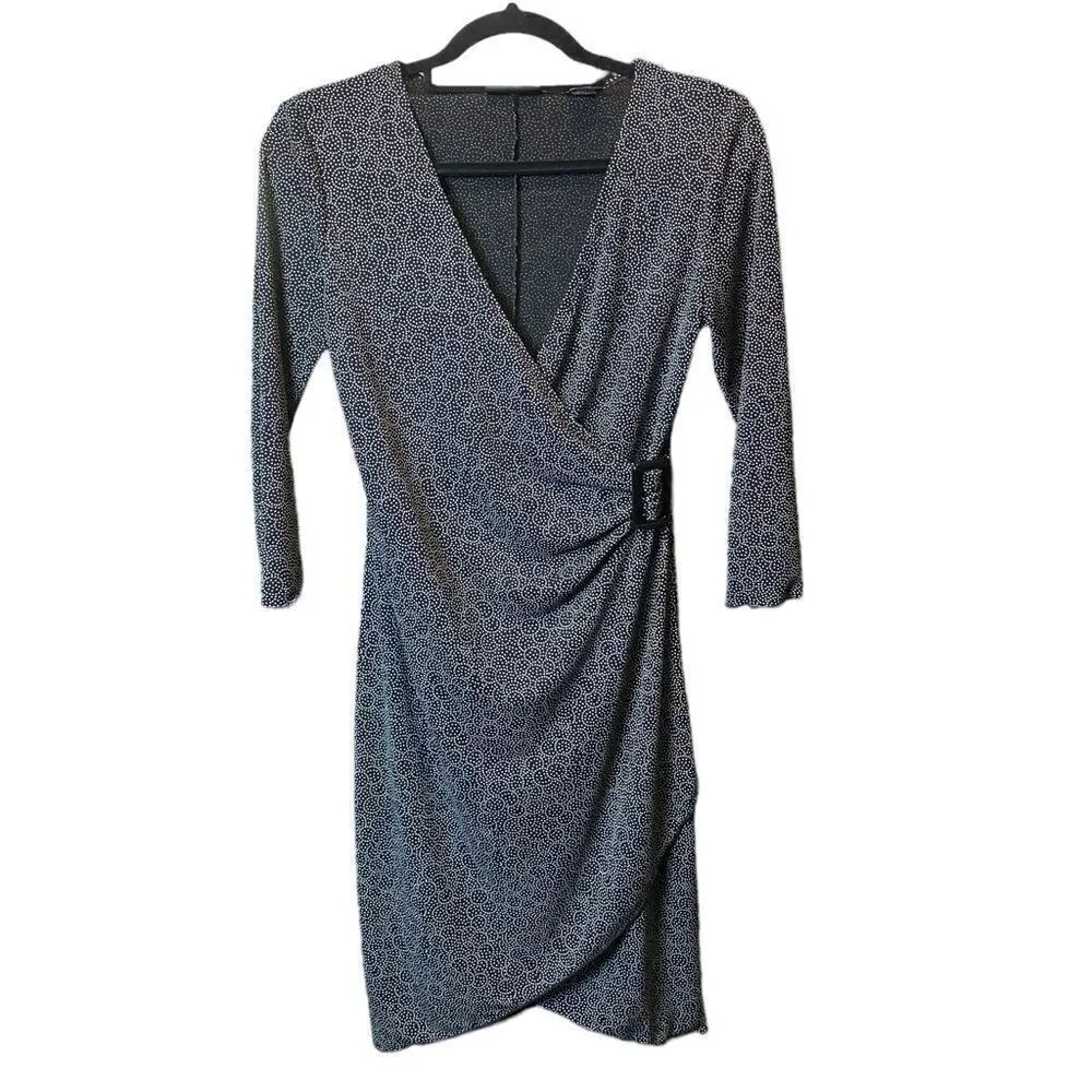 New York & Co Wm’s Sz Sm Black White Dot Design Side Buckle Faux Wrap Dress